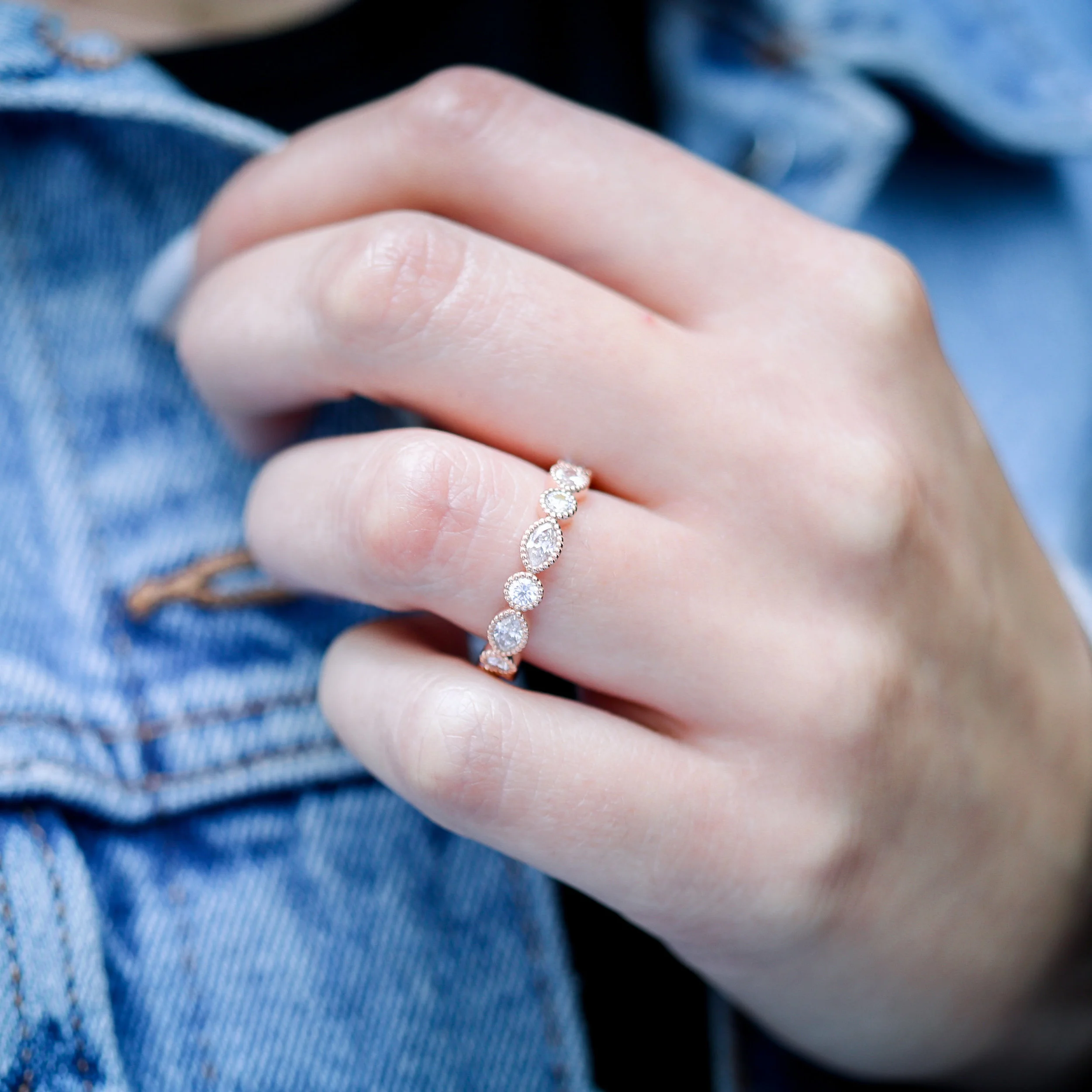 Lab Grown Diamond Custom Bezel Round and Marquise Eternity Band With Milgrain In Rose Gold On Model AD-181