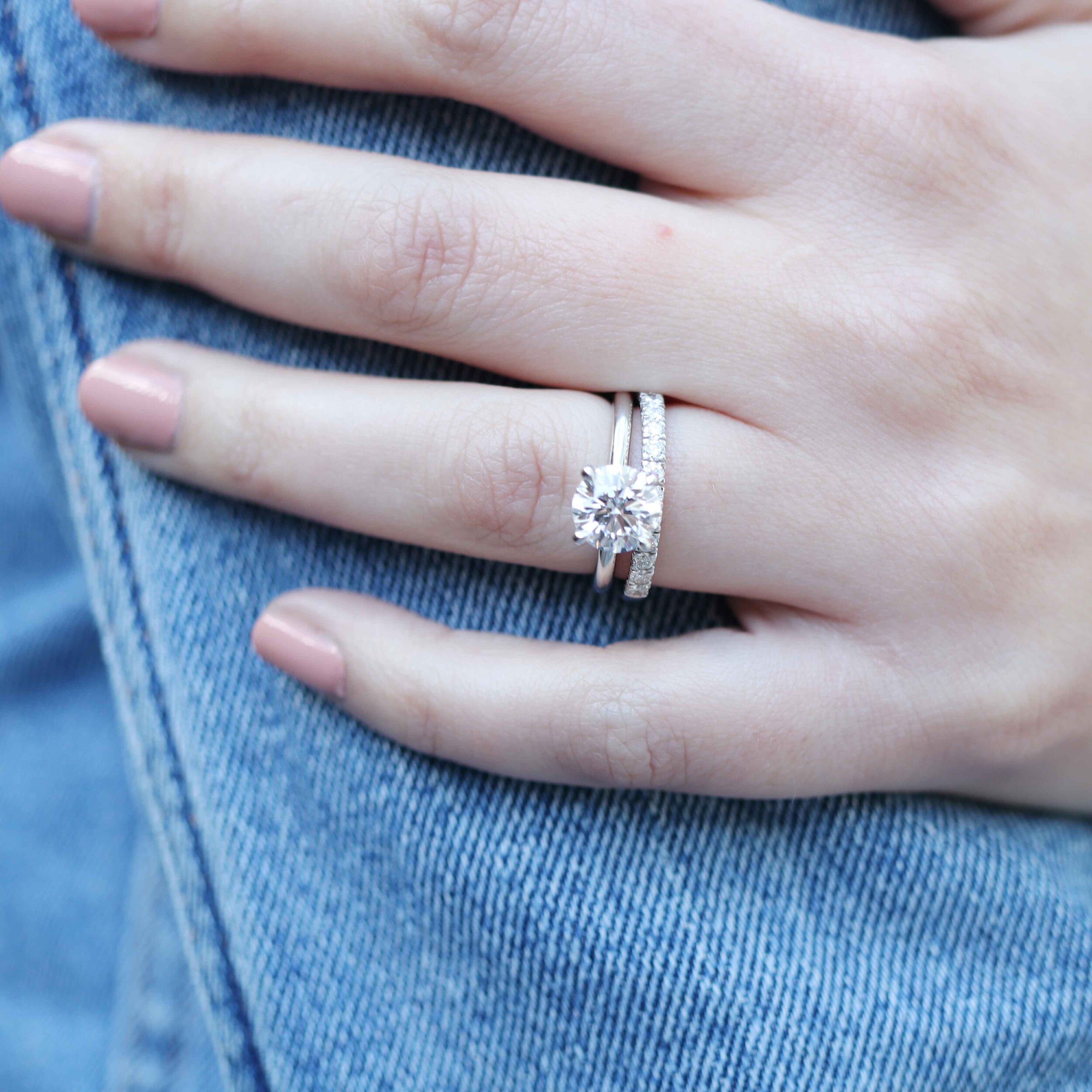 Solitaire Engagement Ring And French Pave Wedding Band Set 