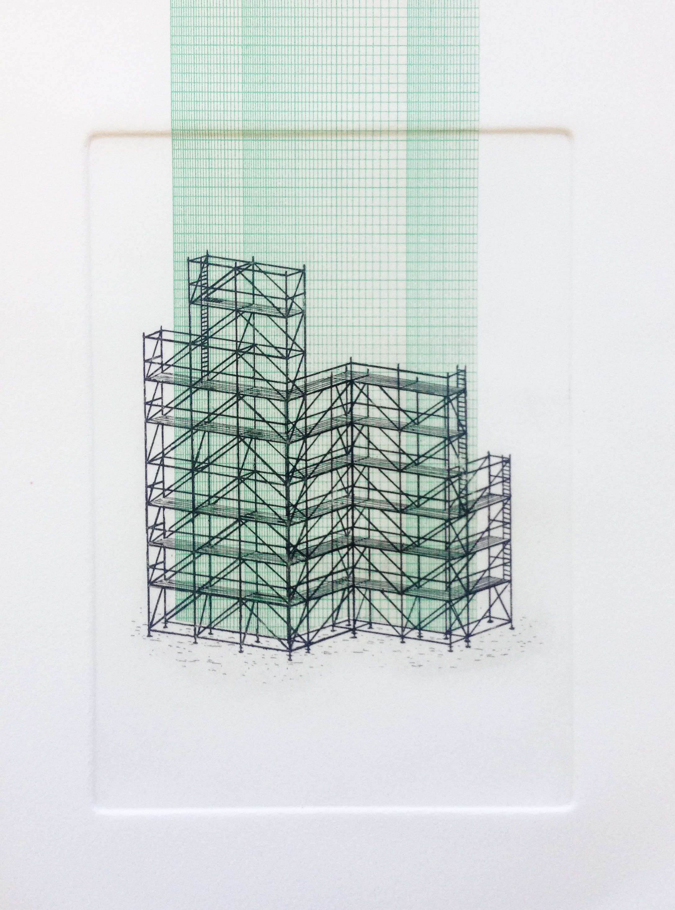 CHRIS FOSTER Scaffold #4 2018 Intaglio print with Chine-collé on paper 7" x 12", Framed Edition of 5 Estimated Value: $400 'Scaffold #4' is part of an ongoing series of prints and sculptures that explore scaffolding, abstraction and the build environment.