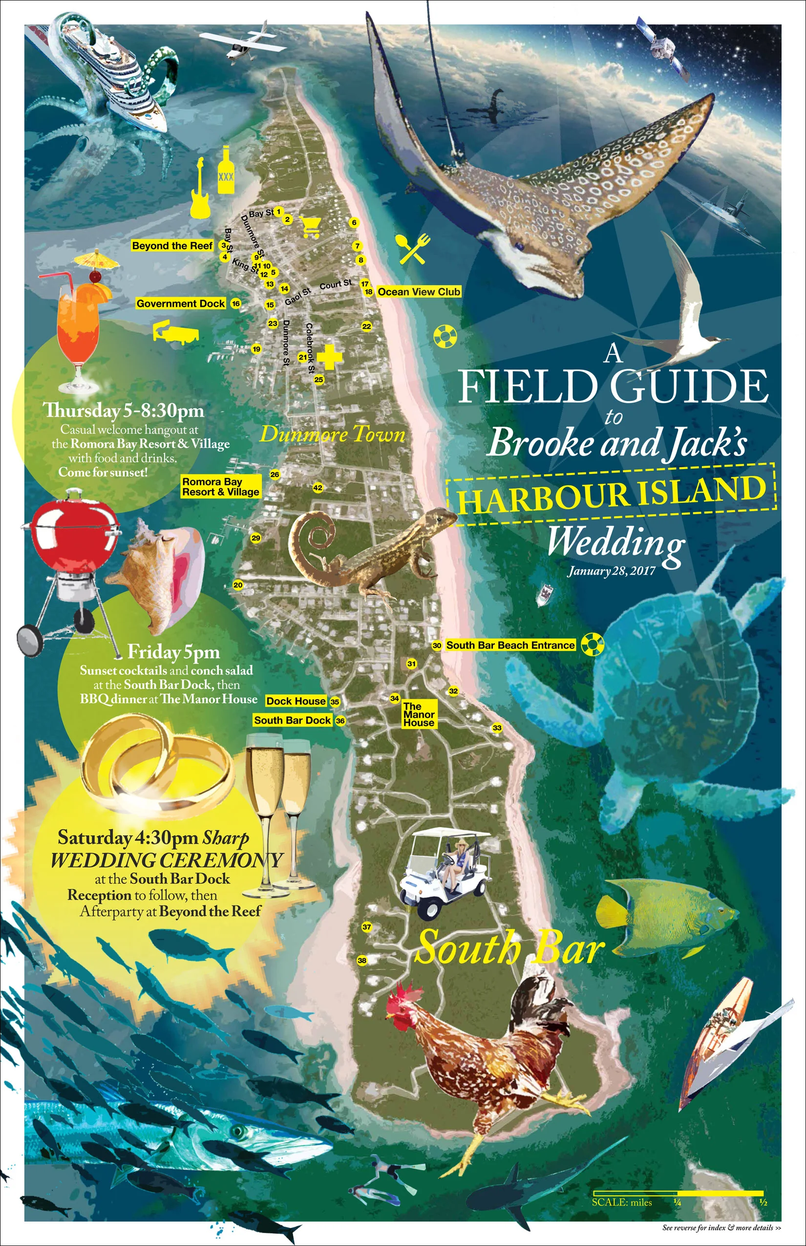 BRANDING, RENDERING, DESIGN, COPY: J&B Wedding guest map & info sheet