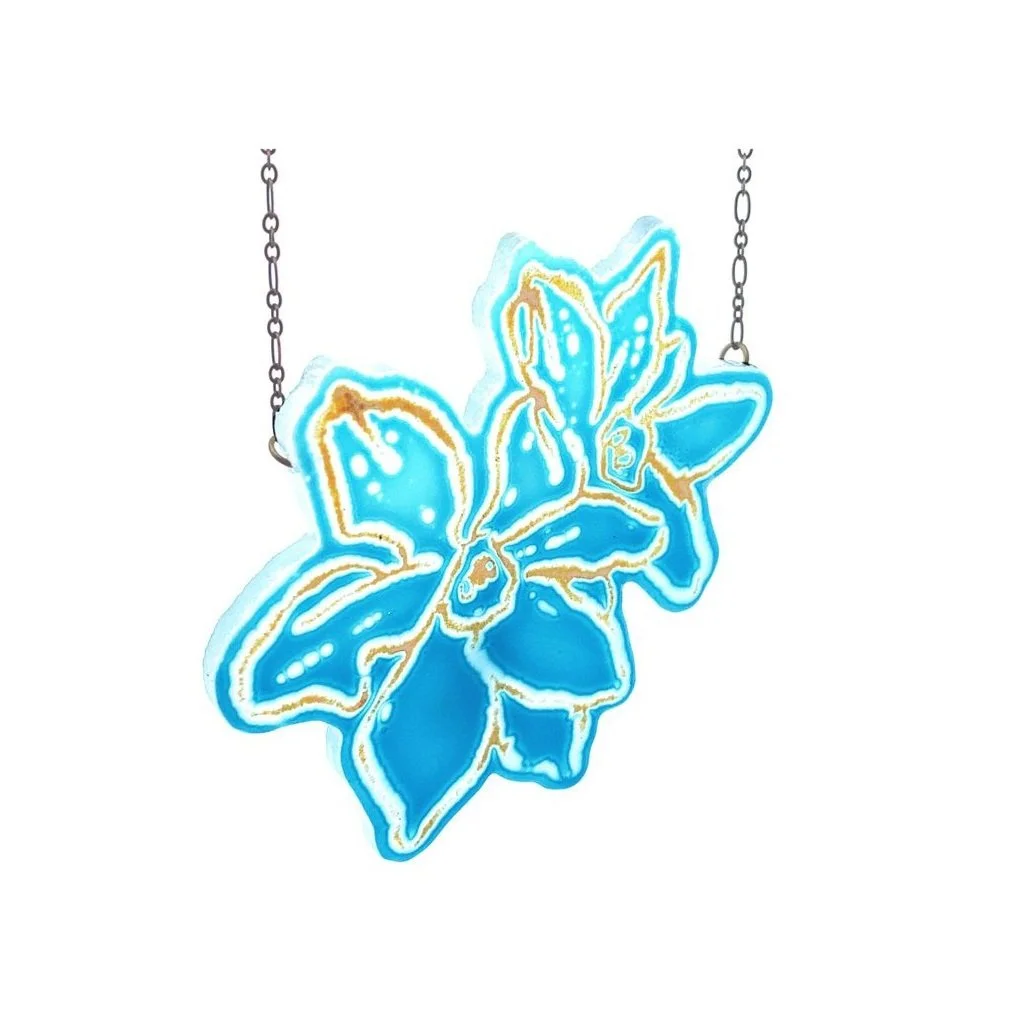 Large Turquoise and Iris Yellow Flower Couple Necklace