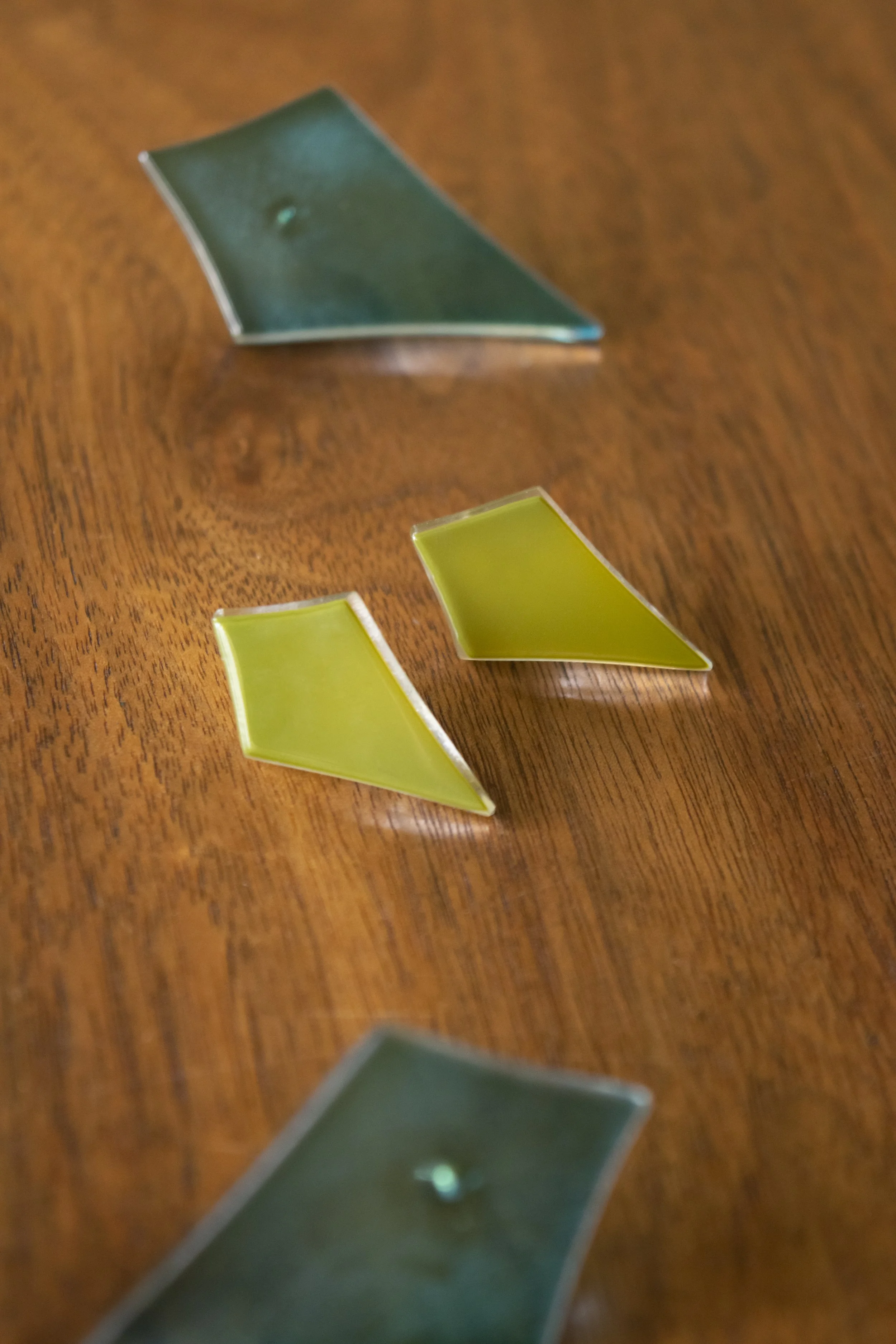 Olive Green Mini Elongated Deco Diamond Post Earrings