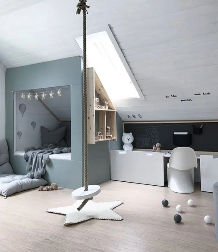 this room was designed in Norway. Image via NR13b . Can we all agree that a swing in a kids room is so cool!