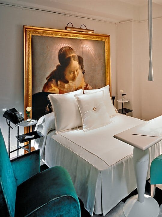 Ian Schrager used a large vintage piece of art in each bedroom of New York’s Paramount . Image via apartment therapy