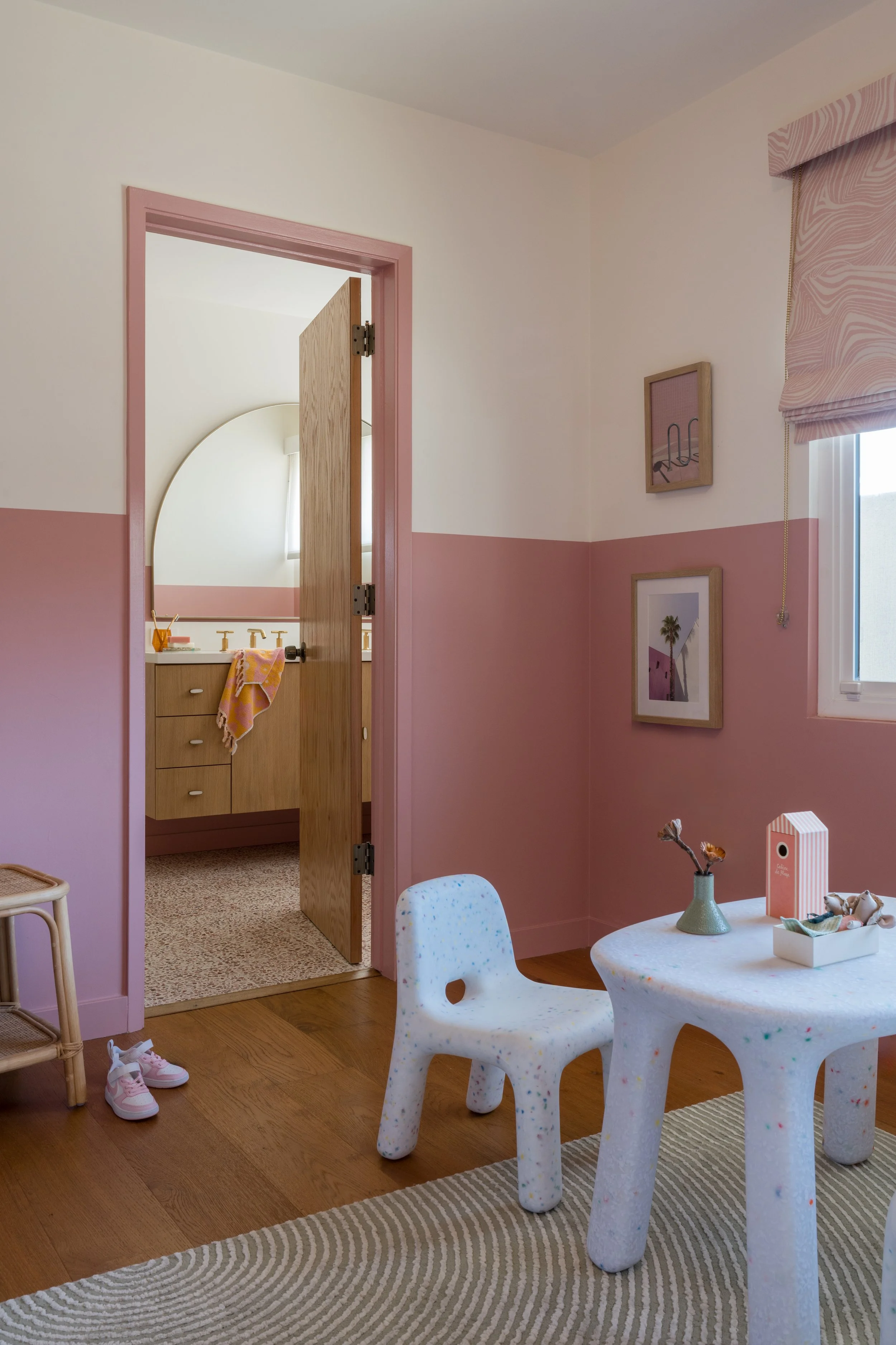girls room, pink room, mid-century modern