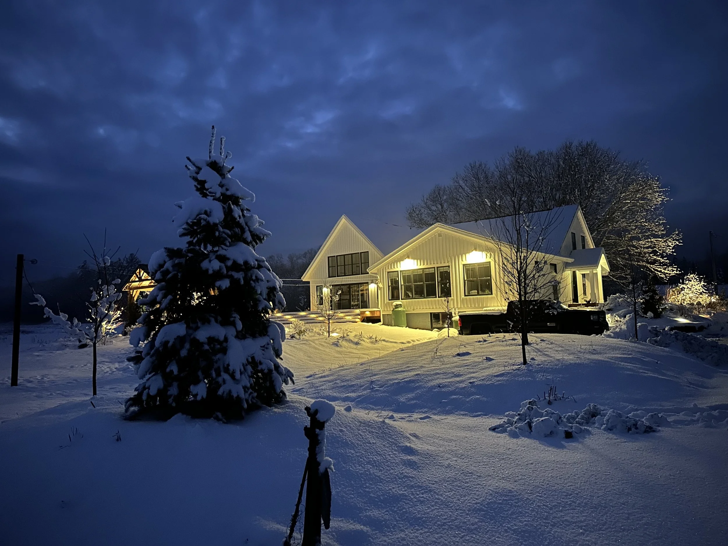 Rarely do I get to see what my landscape lighting installations look like in winter because of travelling in these remote locations. This extensive Bishopville renovation included illuminating the back of the house.