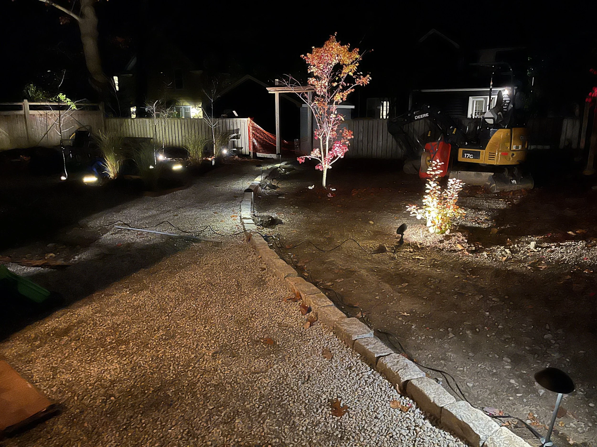 Although young, the new plantings already add character to an otherwise empty scene. Lighting can create context out picture windows & invite visitors to explore.