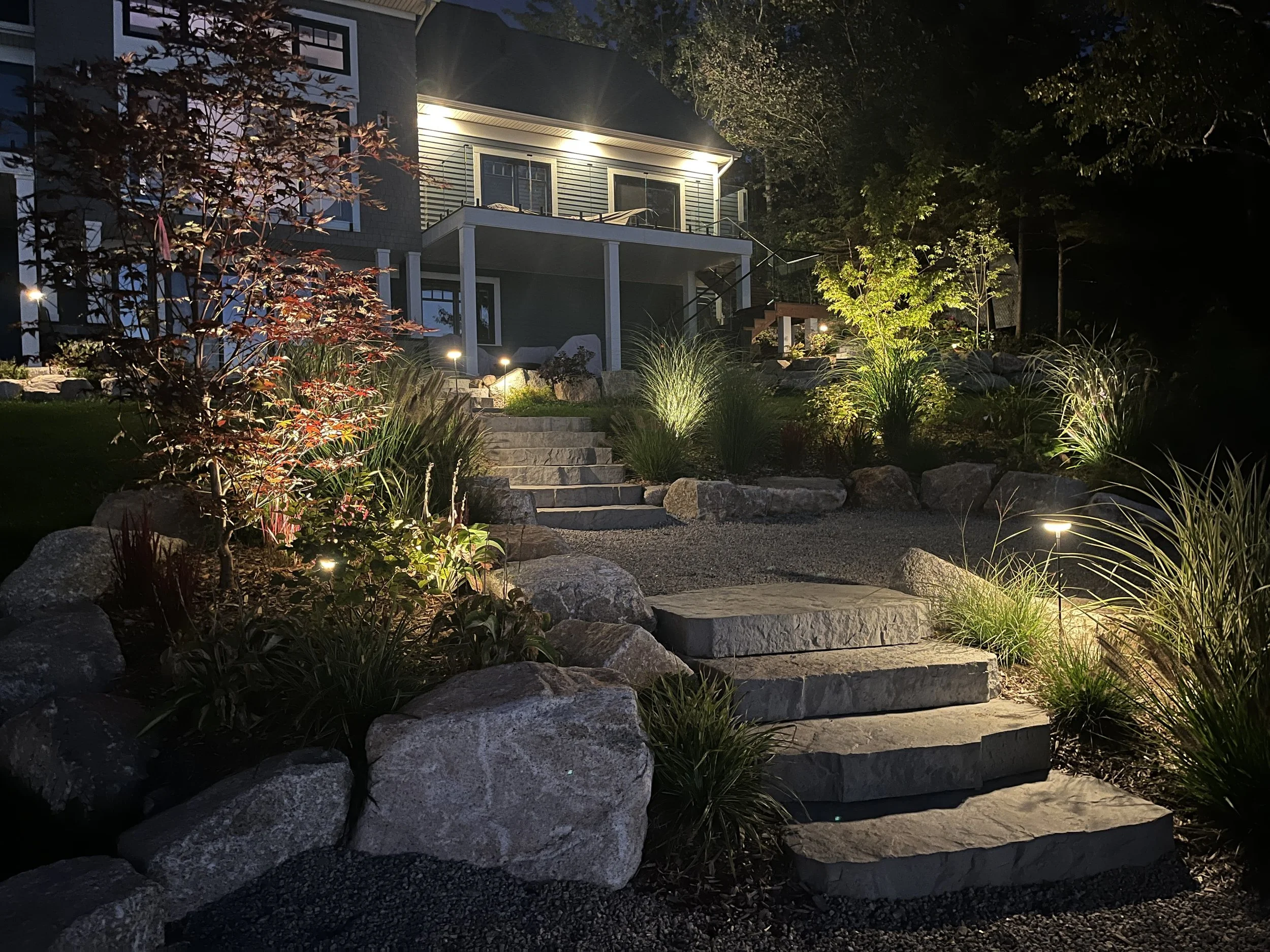 The top of the stone staircase is a bit brighter as you approach the house; adjusting lighht levels is critical to prevent high contrast glare. 