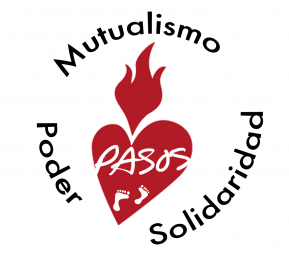 Black text: Mutualismo, Poder, Solidaridad. There is a read heart in the middle with Pasos in white font and two footsteps.