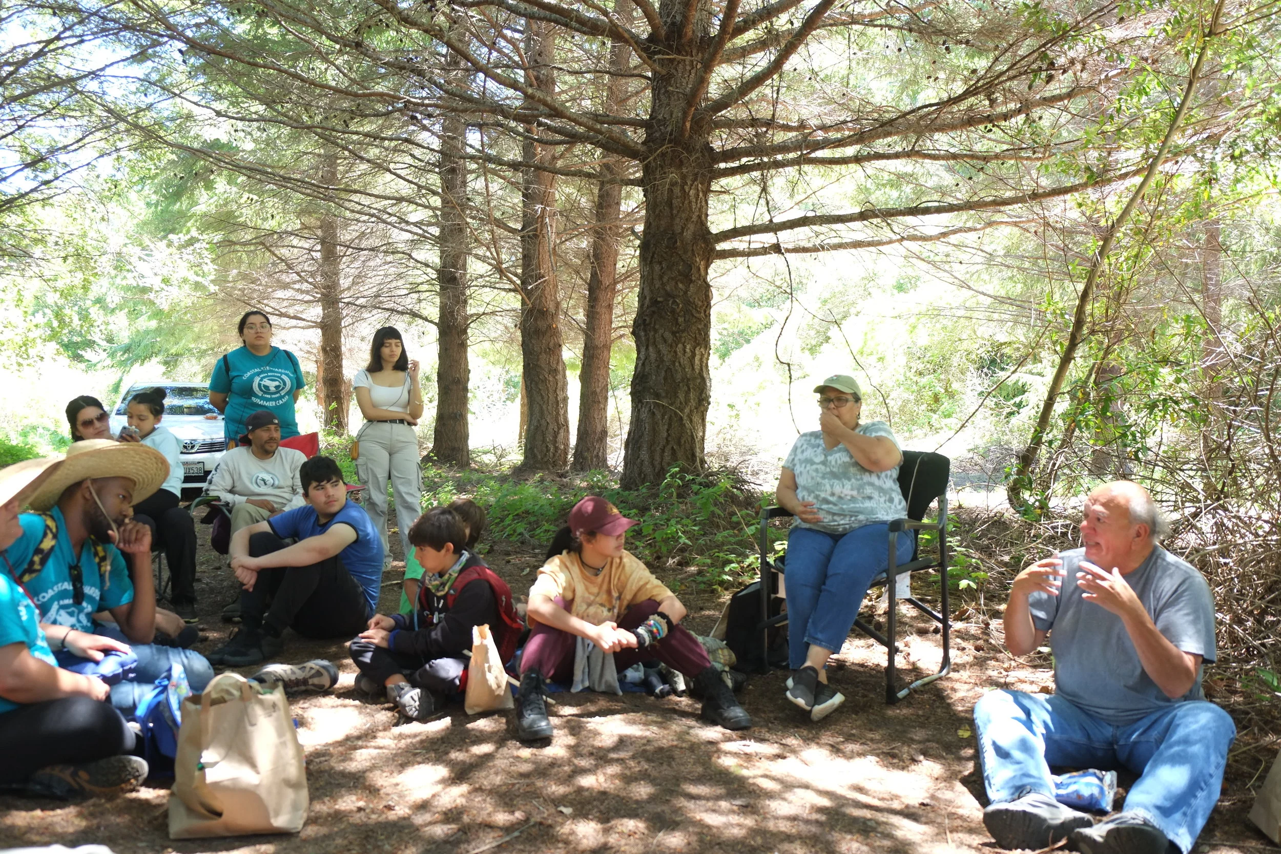 AMLT summer camp gathered at Quiroste Valley Cultural Preserve restoration site. Photo courtesy of Sara Calvosa.