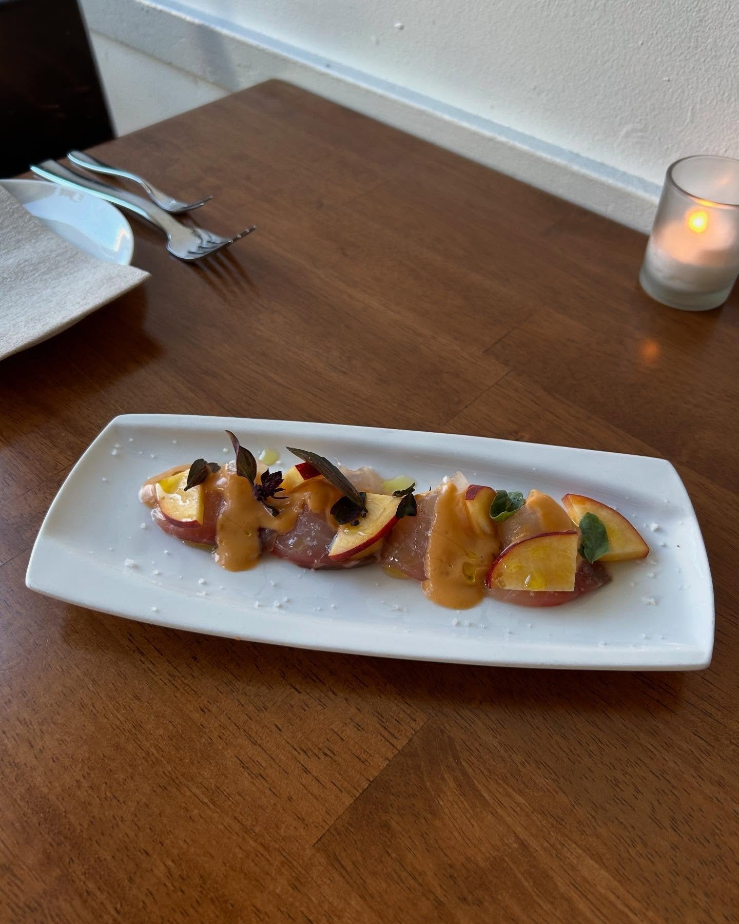 Baja Striped Bass Crudo
salmorejo, nectarines, evoo, thai basil

&hellip;tastes like summer 🌻
Make sure to try our newest Crudo on the menu! 

#barcrudosf #freshseafood #stripedbass #crudo