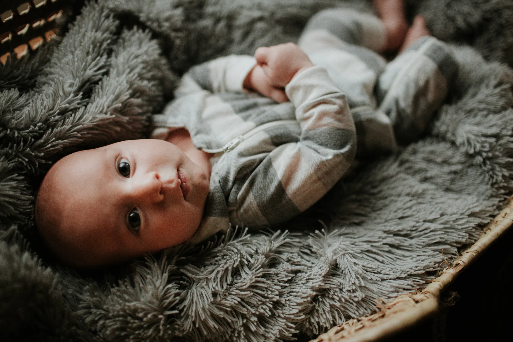 infant lying in bassinet staring into camera