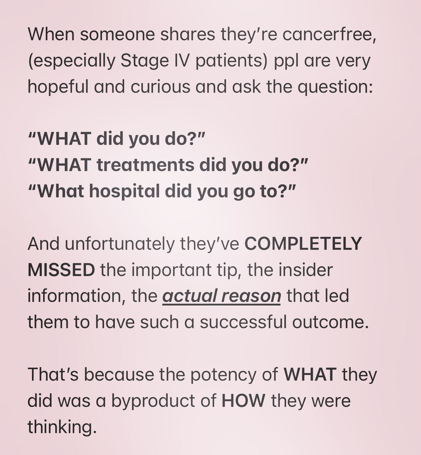 We often think that the most valuable tip is the WHAT - what do we have to do to be cancer free? instead I want you to think about the WHO. Who do you have to be - to be cancer free?

Doors to my program Cancer Boss Coaching is open for enrolment! 🪄