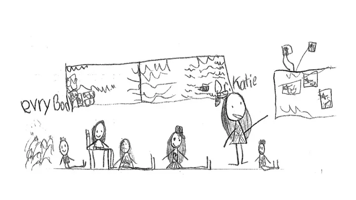 Student drawing of Dr. Katie's visit to a 2nd grade class at The Biome School.