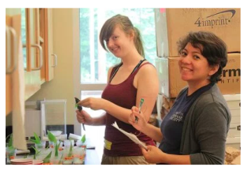 Evelyn Valdez-Ward (right) and TERFer Megan Kerr in the Natural Enemies lab space at Tyson during summer 2015.