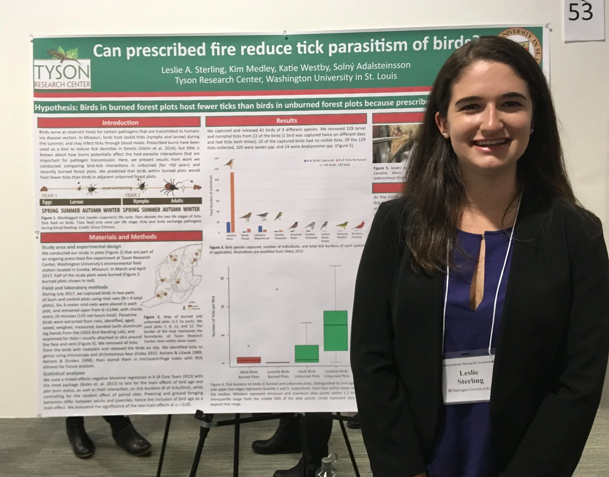 Leslie Sterling presenting her poster, "Can prescribed fire reduce tick parasitism of birds?"