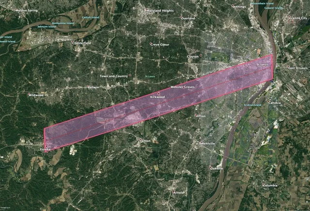 The lands managed by partners of the St. Louis Wildlife Project fall along the Henry Shaw Ozark Corridor spanning from the foot of the Gateway Arch to Eureka, Mo. The camera traps set on these lands collect data across the urban-to-rural transect. (Image courtesy of Tyson Research Center)