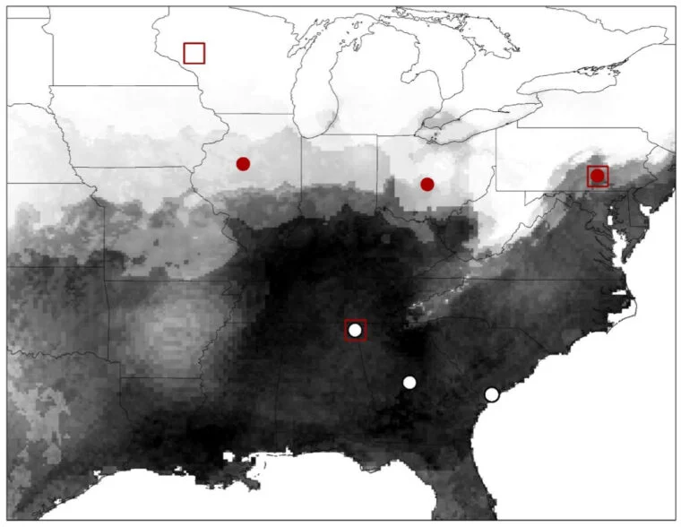 Overwintering sites and sample locations for experimental populations. Range-core locations in white, range-edge locations in red, and field overwintering sites indicated by red box. A climate-based distribution model (sensu Medley 2010) indicates the predicted range for Ae. albopictus at the time of this study, where darker shading indicates a higher probability of occurrence. (Image: Courtesy of Journal of Applied Ecology)