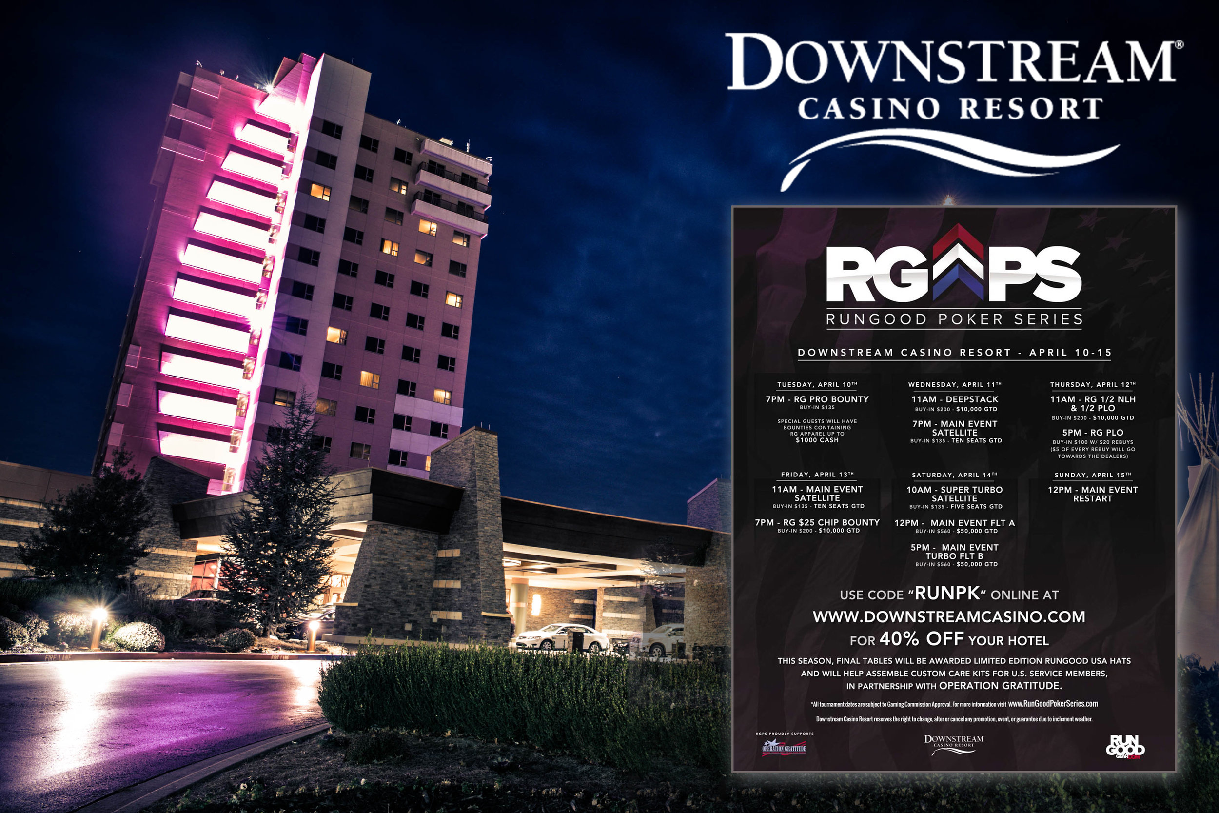 This graphic was used to promote the RunGood Poker Series stop at Downstream Casino in Joplin, Missouri for the spring 2018 season.