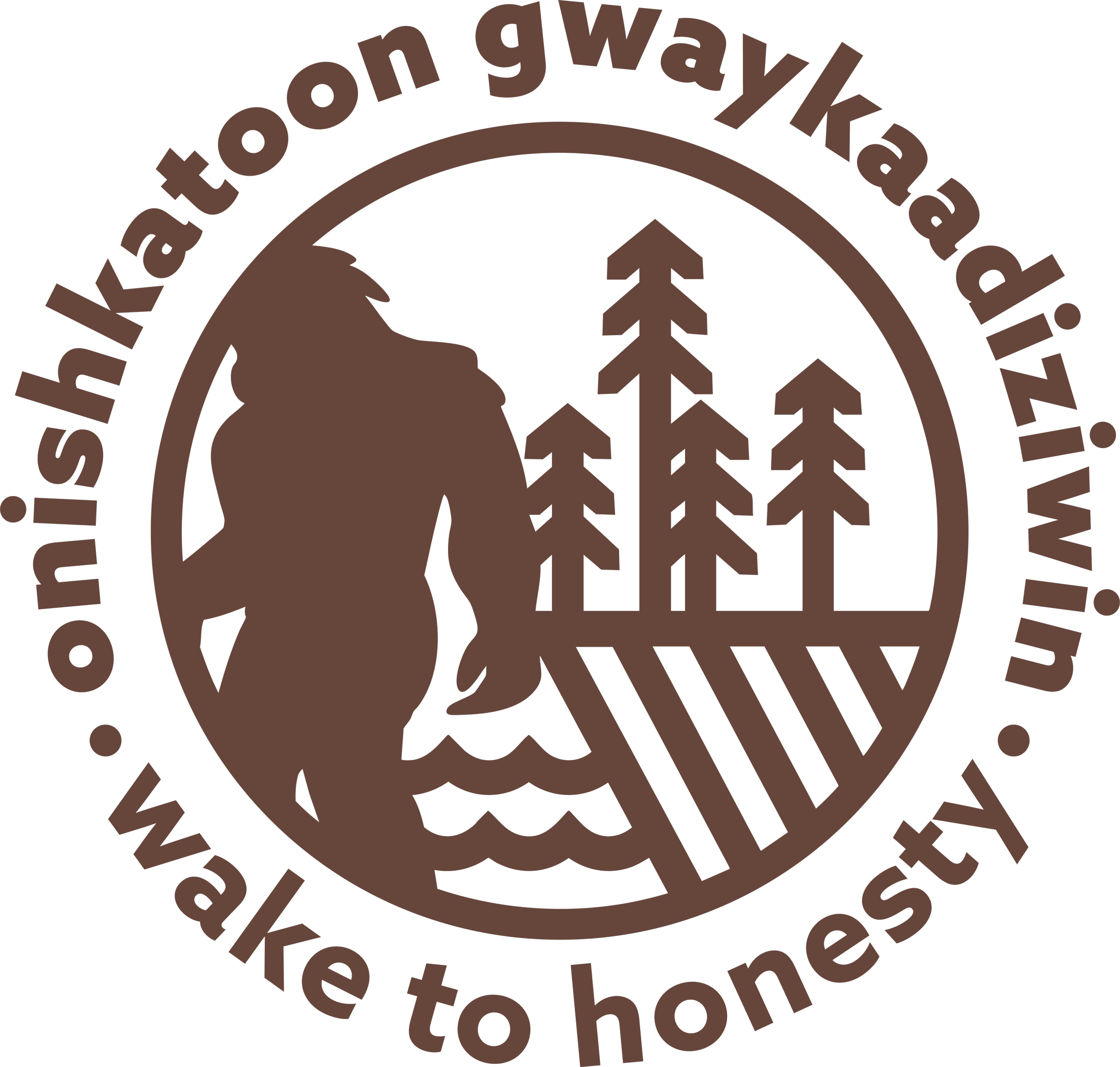 Image is of a logo for the Onishkatoon Gwaykaadiziwin trail. It is brown and includes images of a sabe (saskwatch), trees, water and some stylized lines.