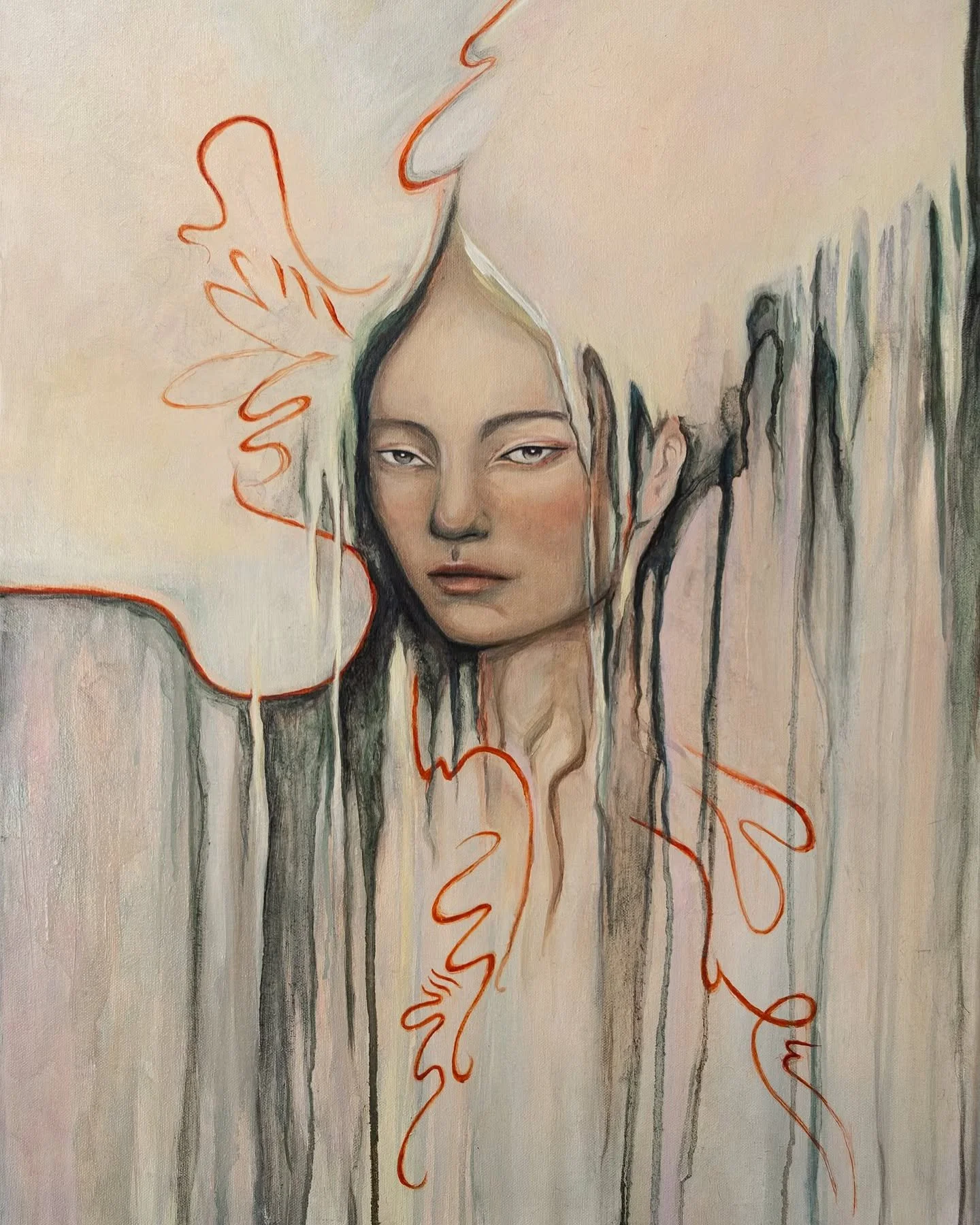 ‘A DELICATE DESCENT’ This piece veered completely off course from the original sketch but took on an interesting life of her own 
“There is no beauty without some strangeness” 
Oil on canvas (2024)