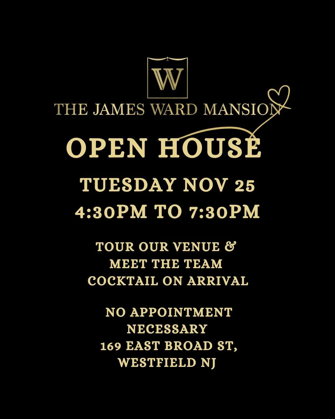 Reminder OPEN HOUSE will take place tomorrow, TUESDAY, November 25th 
With the holidays, we wanted to make it easier for anyone who might be travelling. 

Date: Tuesday, November 25
Time 4:30pm to 7:30pm 
Location: The James Ward Mansion 
169 E Broad