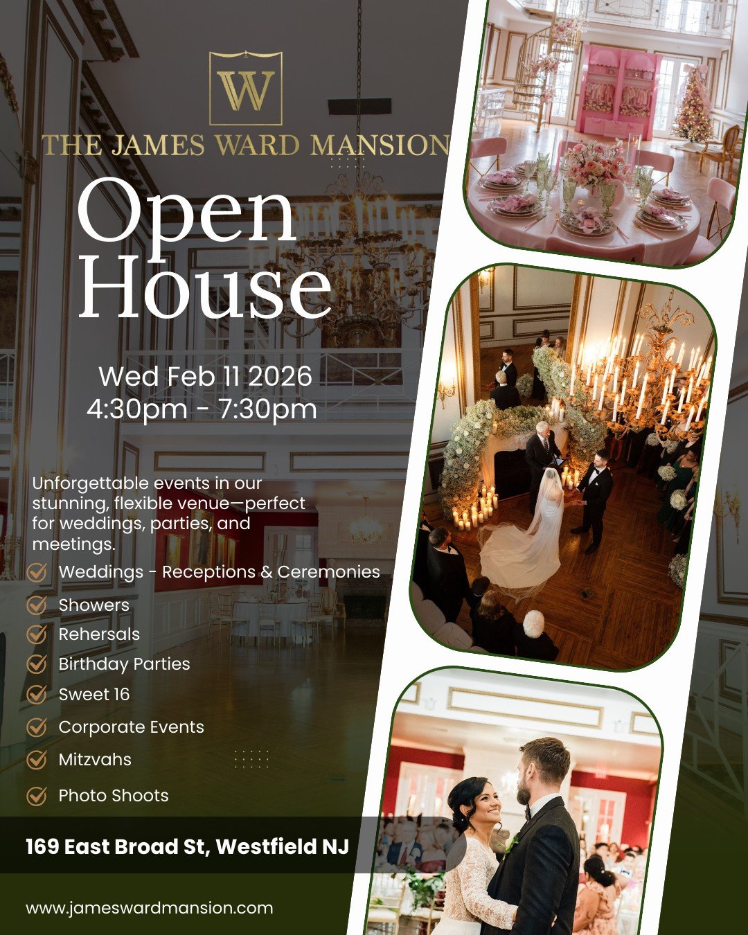 Say yes to @thejameswardmansion 
Join us for our open house Wednesday Feb 11 from 4:30pm to 7:30pm. 
Experience the mansion for yourself and see why it's the perfect place to create your forever memories.  Meet our team and tour our stunning spaces. 