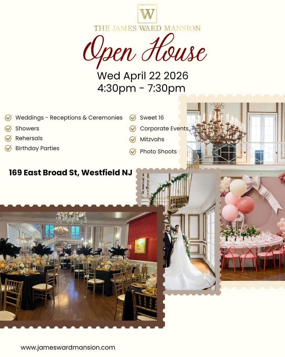 Open House - The James Ward Mansion 
Wednesday April 22
4:30pm to 7:30pm 
No Appointment Necessary 
Meet the team and tour our magnificent venue. 

@tlcateringnj @njwedding