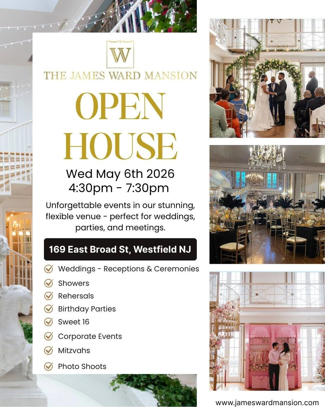 OPEN HOUSE Wednesday, May 6th.
The James Ward Mansion
169 East Broad Street, Westfield, NJ.
4:30pm - 7:30pm
No Appointment Necessary.

Tour the venue, meet the team, and start envisioning your next unforgettable event.

@thejameswardmansion @tlcateri