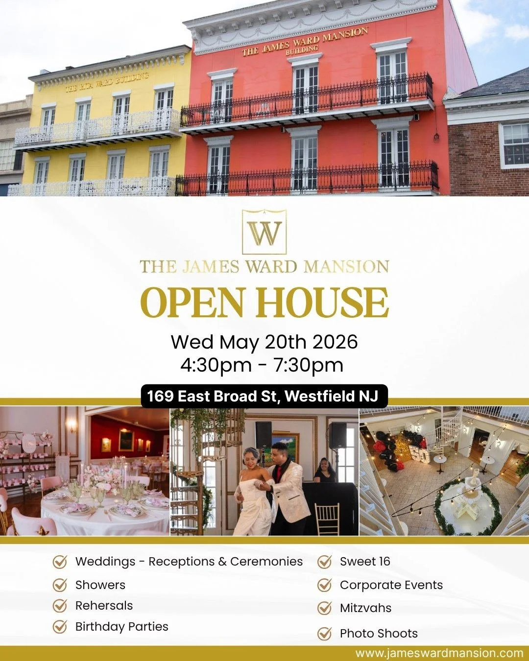 Looking for the perfect place to say &ldquo;I do,&rdquo; celebrate a new arrival, or throw an unforgettable party? 🎉

Join us at The James Ward Mansion OPEN HOUSE and see it all come to life.

169 East Broad St, Westfield, NJ
Wed, May 20th
4:30pm - 