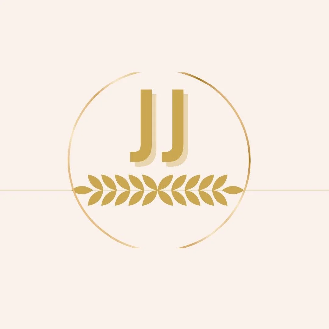 Gold initials 'JJ' with a gold laurel branch inside a circle on a light beige background.
