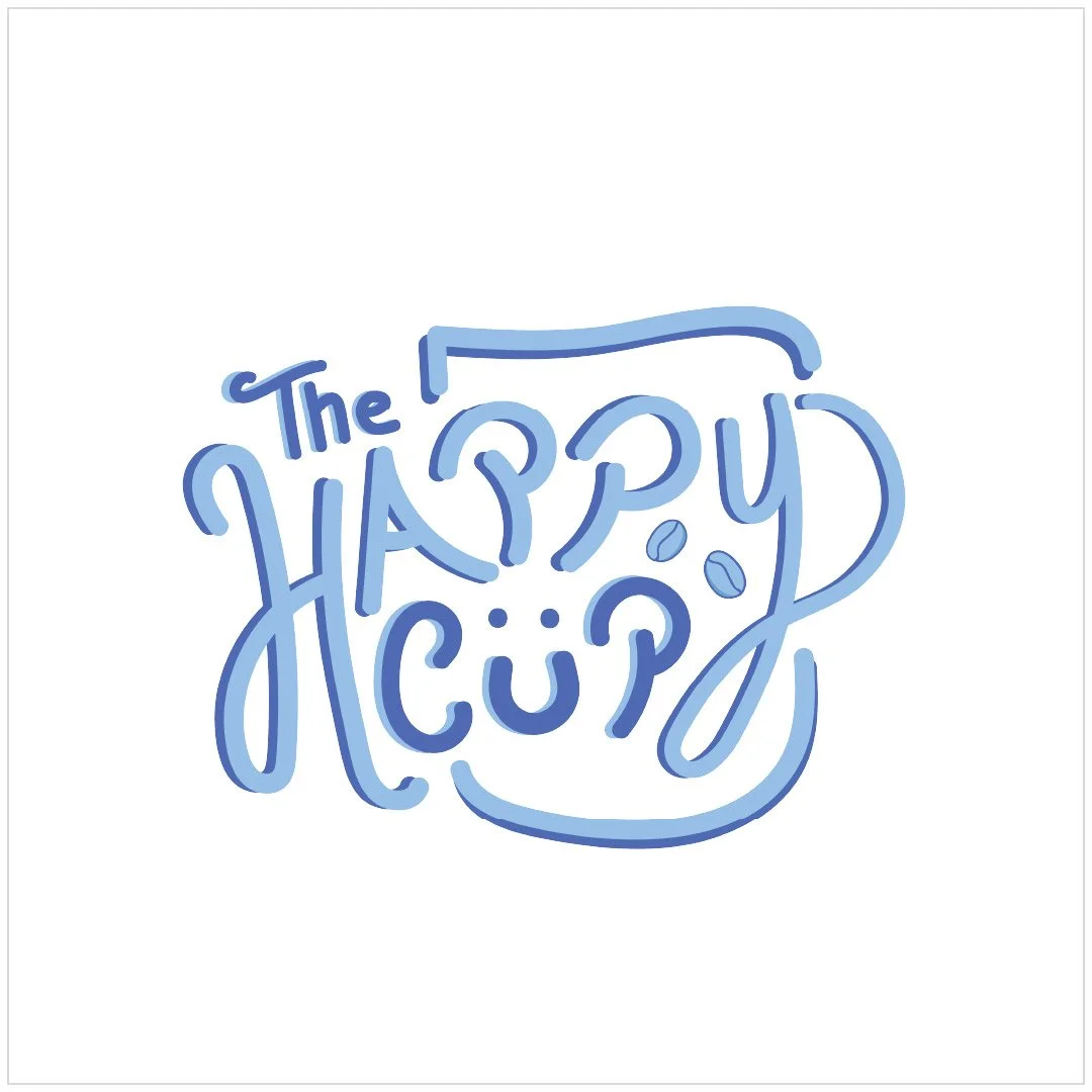 Blue neon sign reading "The Happy Cup" in stylized cursive font with coffee bean accents.