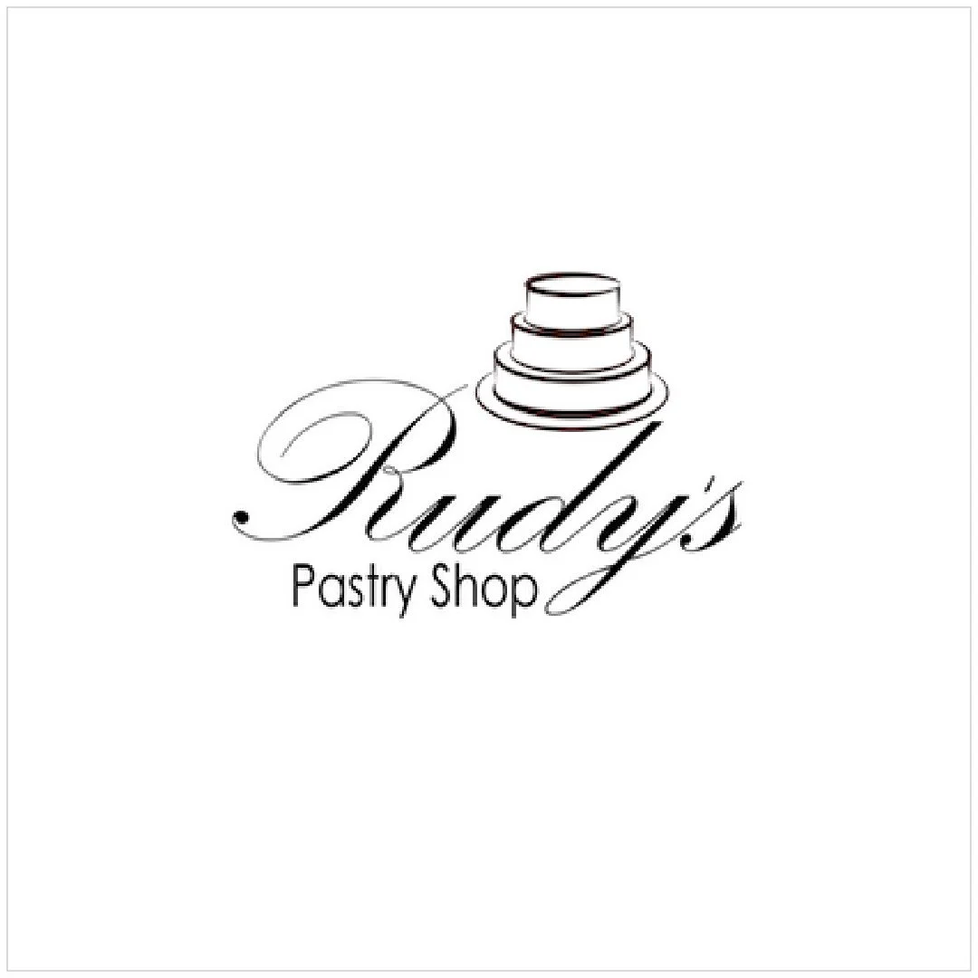 Logo for Rudy's Pastry Shop featuring a stylized layered cake above the text.