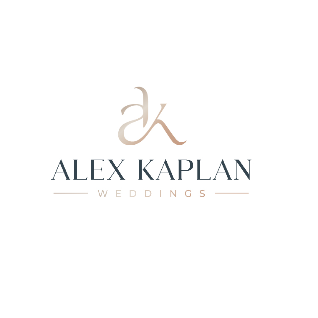 Logo for Alex Kaplan Weddings with a stylized 'A' and 'K' and elegant text.