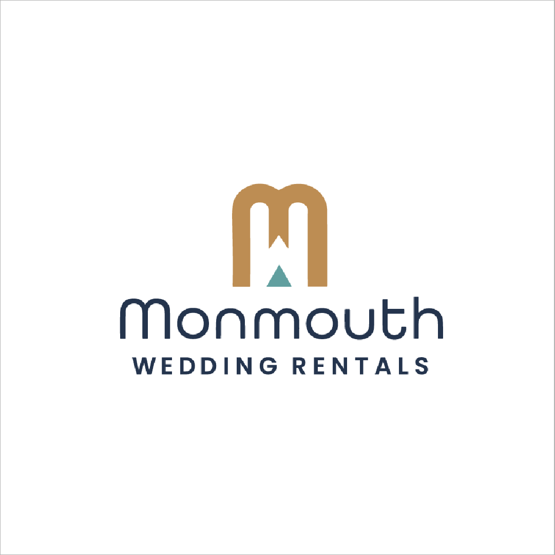 Logo for Monmouth Wedding Rentals featuring a stylized letter M with a small teal triangle beneath and the text 'Monmouth WEDDING RENTALS' below.
