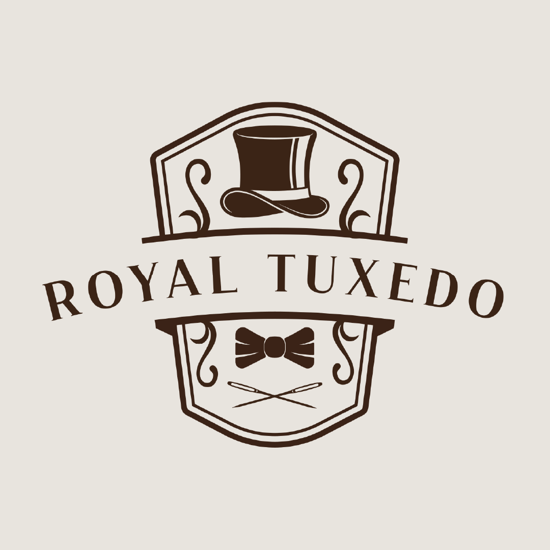 A vintage-style logo with a top hat, bow tie, and crossed styling tools, featuring the text 'Royal Tuxedo'.