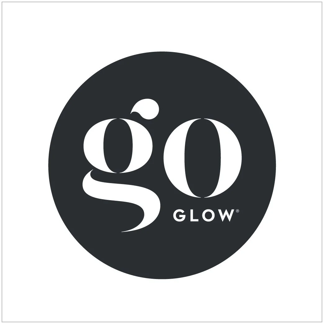 Logo with the words "gö Glow" inside a black circle, with a stylized "g" and "o" and a small circle above the "g".