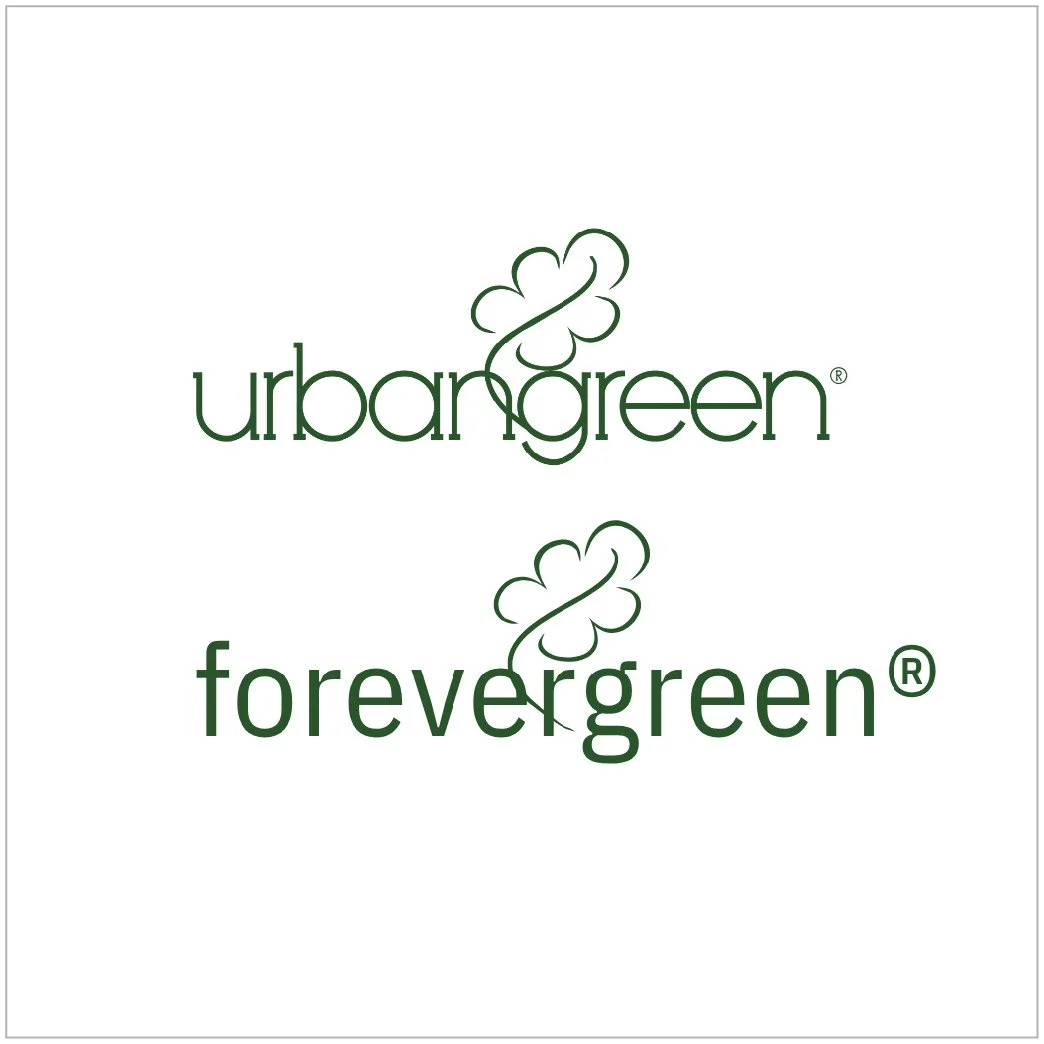 Logo with the words "urban green" above and "evergreen" below, each with a stylized green leaf and stem design.