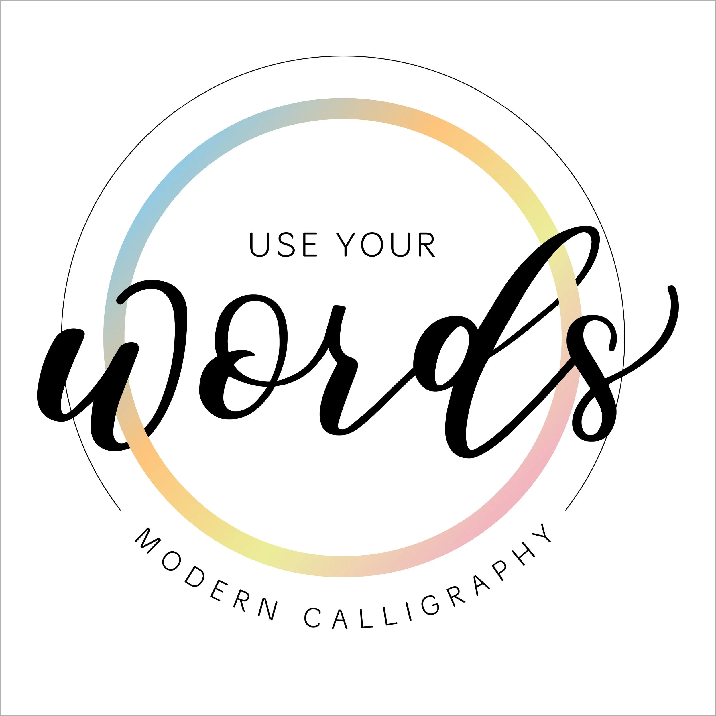 Close-up of a circular logo with the words 'Use your' at the top and 'Modern Calligraphy' at the bottom, featuring pastel-colored arcs and elegant black cursive text.