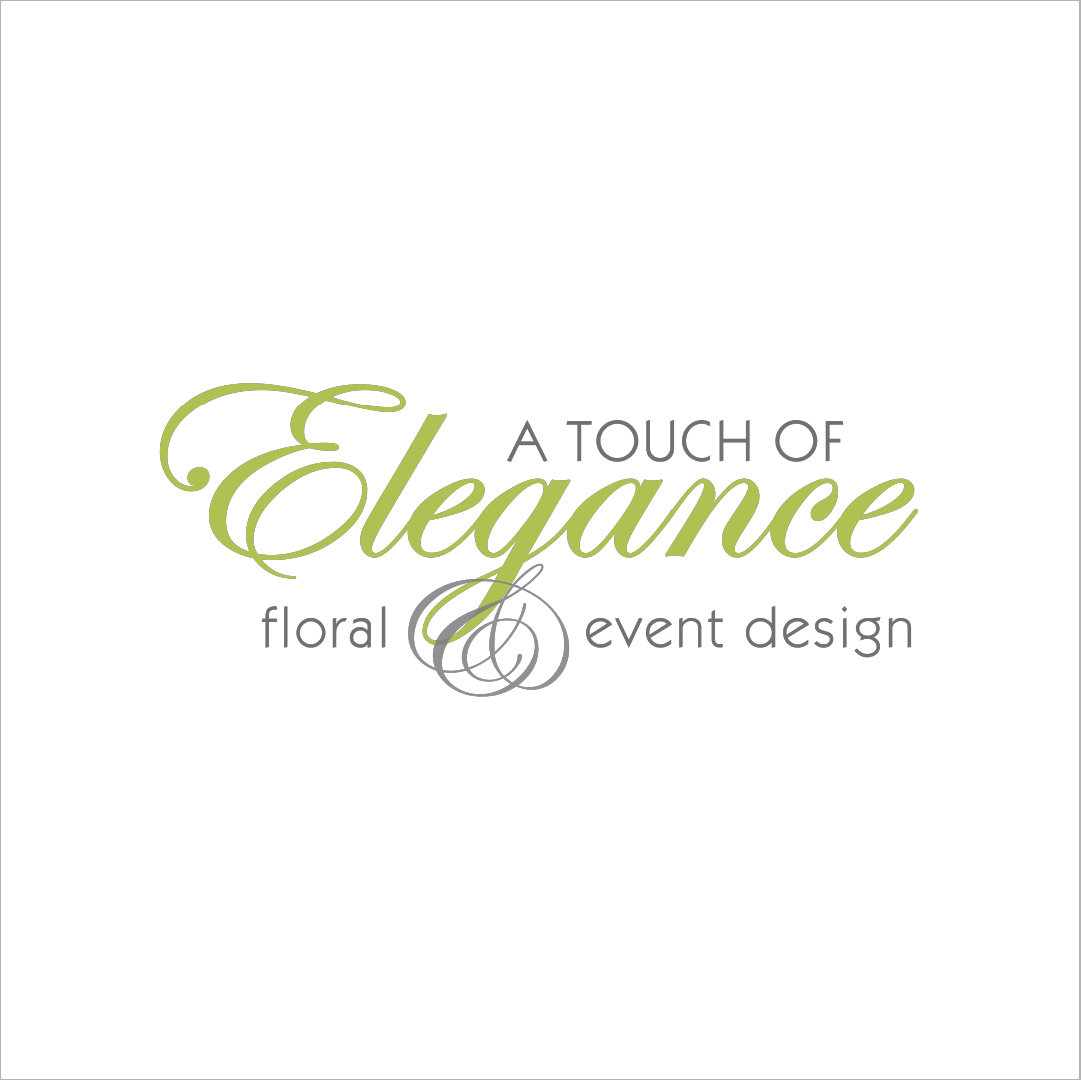 The logo for 'A Touch of Elegance Floral & Event Design', featuring elegant script font in green and gray with decorative flourishes.