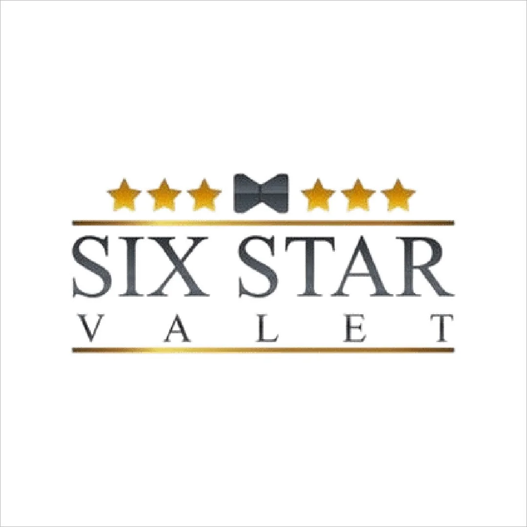 Logo with five gold stars, a black bow tie, and the text 'six star valet' in black and gold lettering.