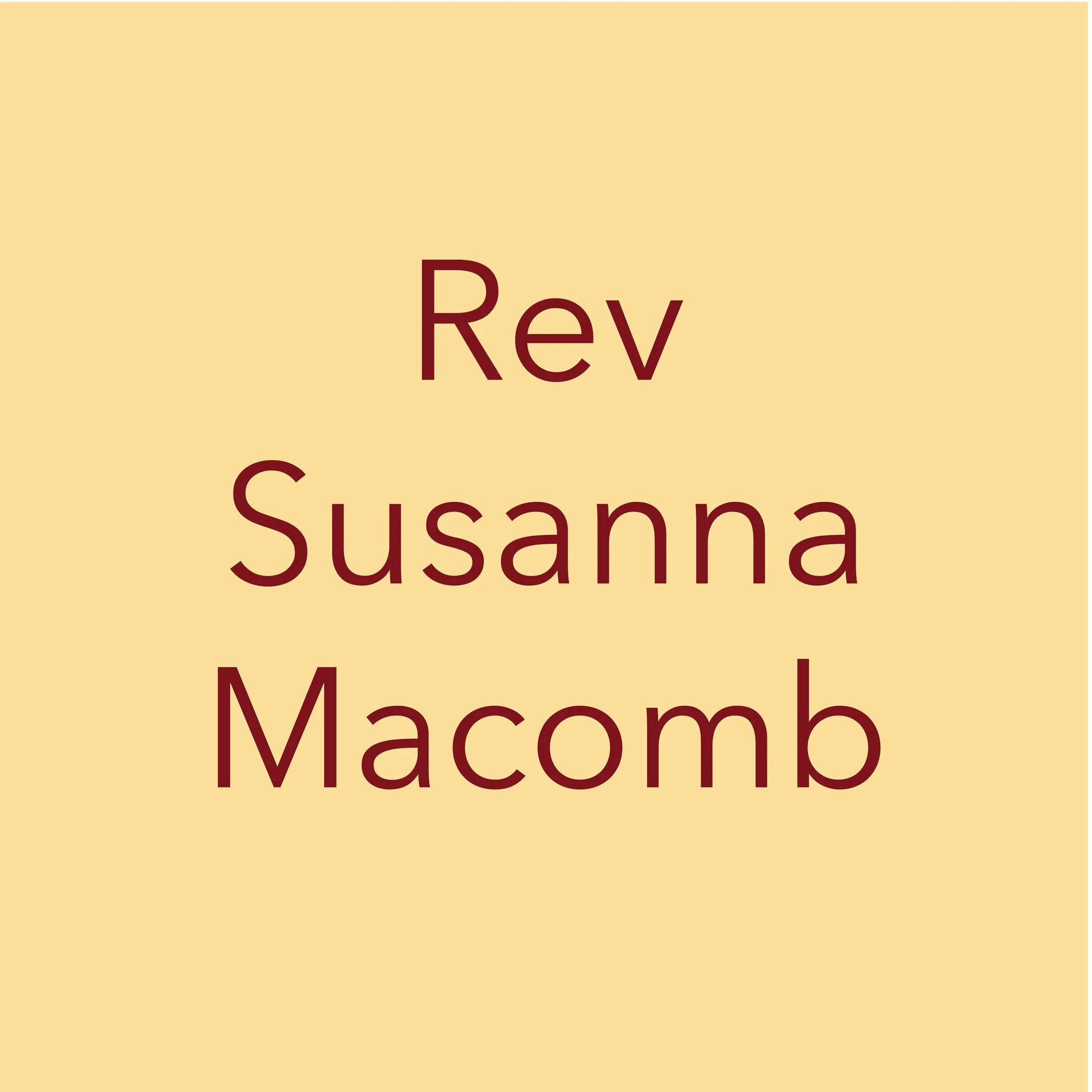Text in large maroon font says 'Rev' on a beige background with more text partially visible, reading 'Susan,' 'Macomb,' and other words.