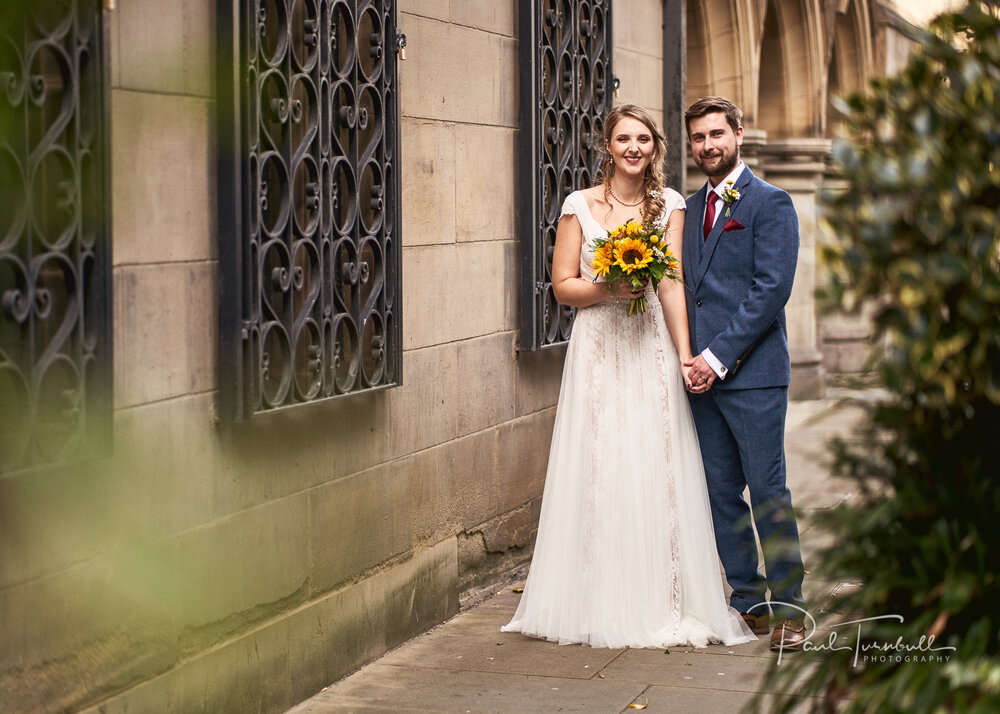 Newlyweds Portrait in Sheffield City Centre. Wedding Photography at Sheffield Town Hall