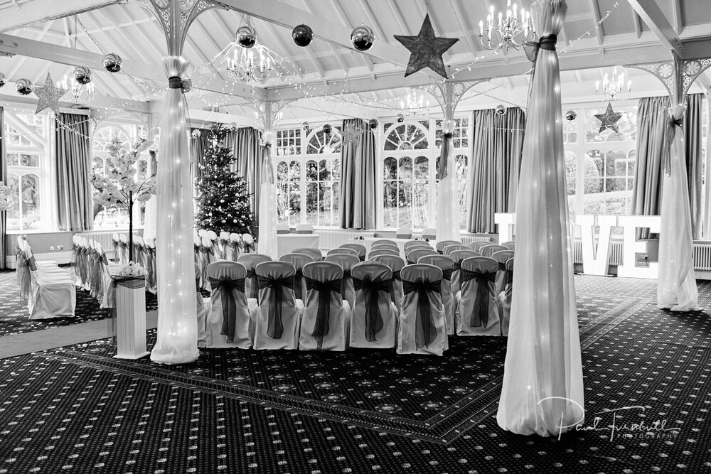 Black and White. The grand ballroom at The Old Swan Hotel, prepared for Kelly and Dave's wedding ceremony