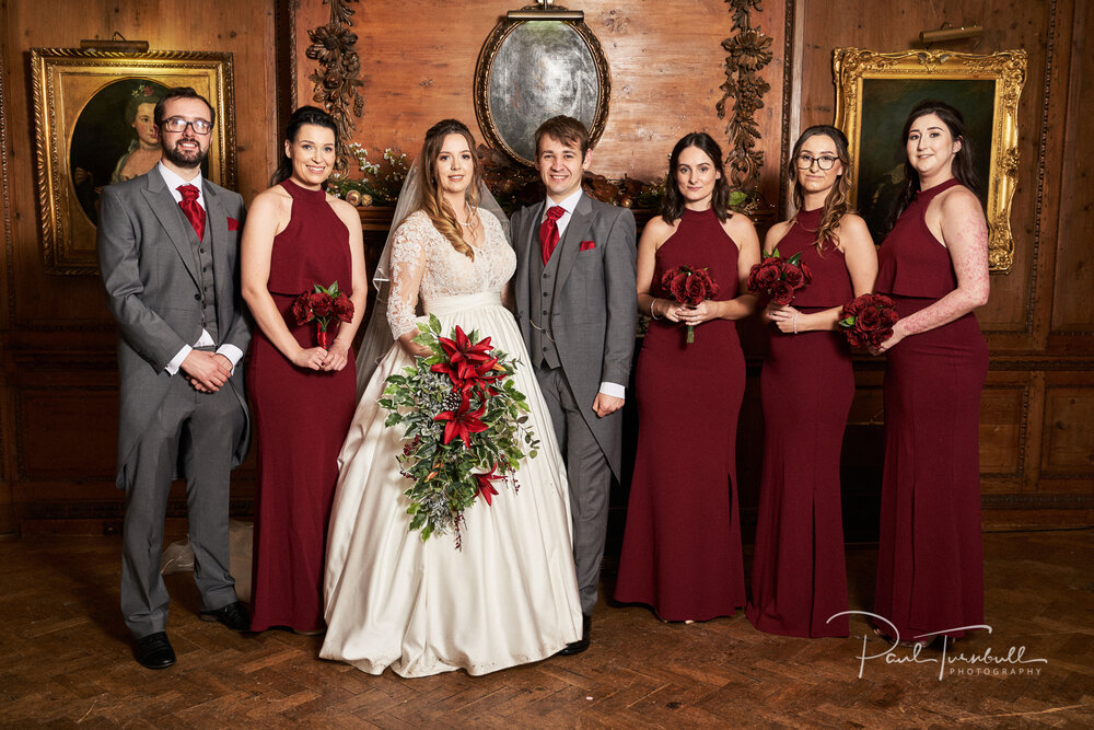 Bride and Groom with Bridesmaids and Best Man, Rowley Manor Wedding