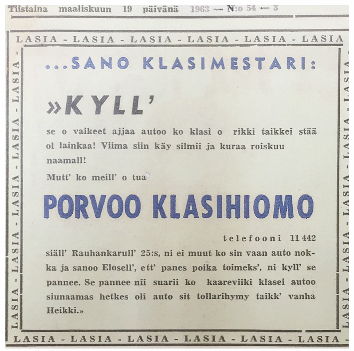 ….Porvoon Lasihiemon mainos paikallislehdessä vuodelta 1963. ..Borgå Glassliperiets annons i lokaltidningen från år 1963. ….
