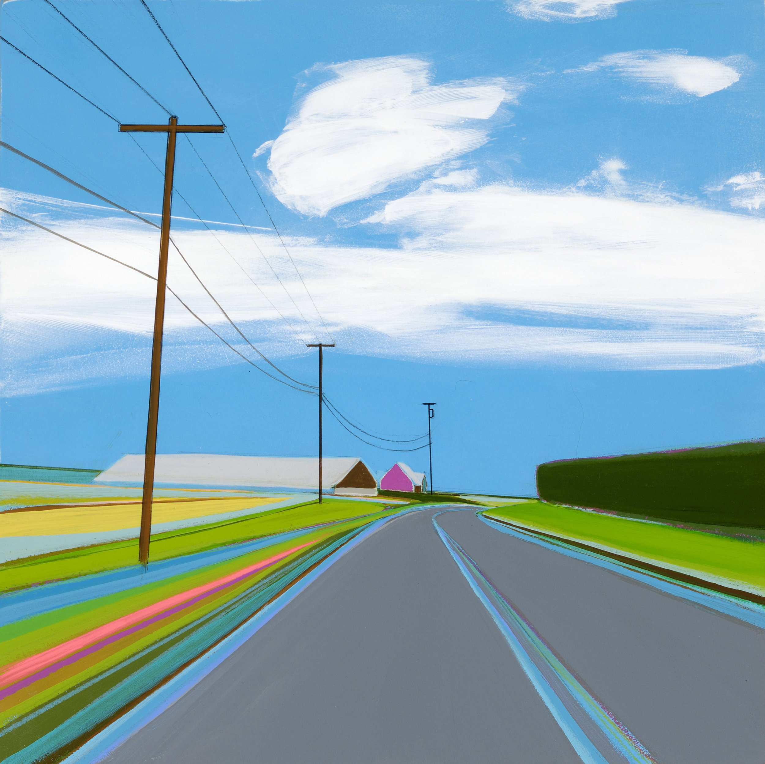A colorful painting of a rural landscape with a winding road, power lines, and farm buildings under a blue sky with white clouds.