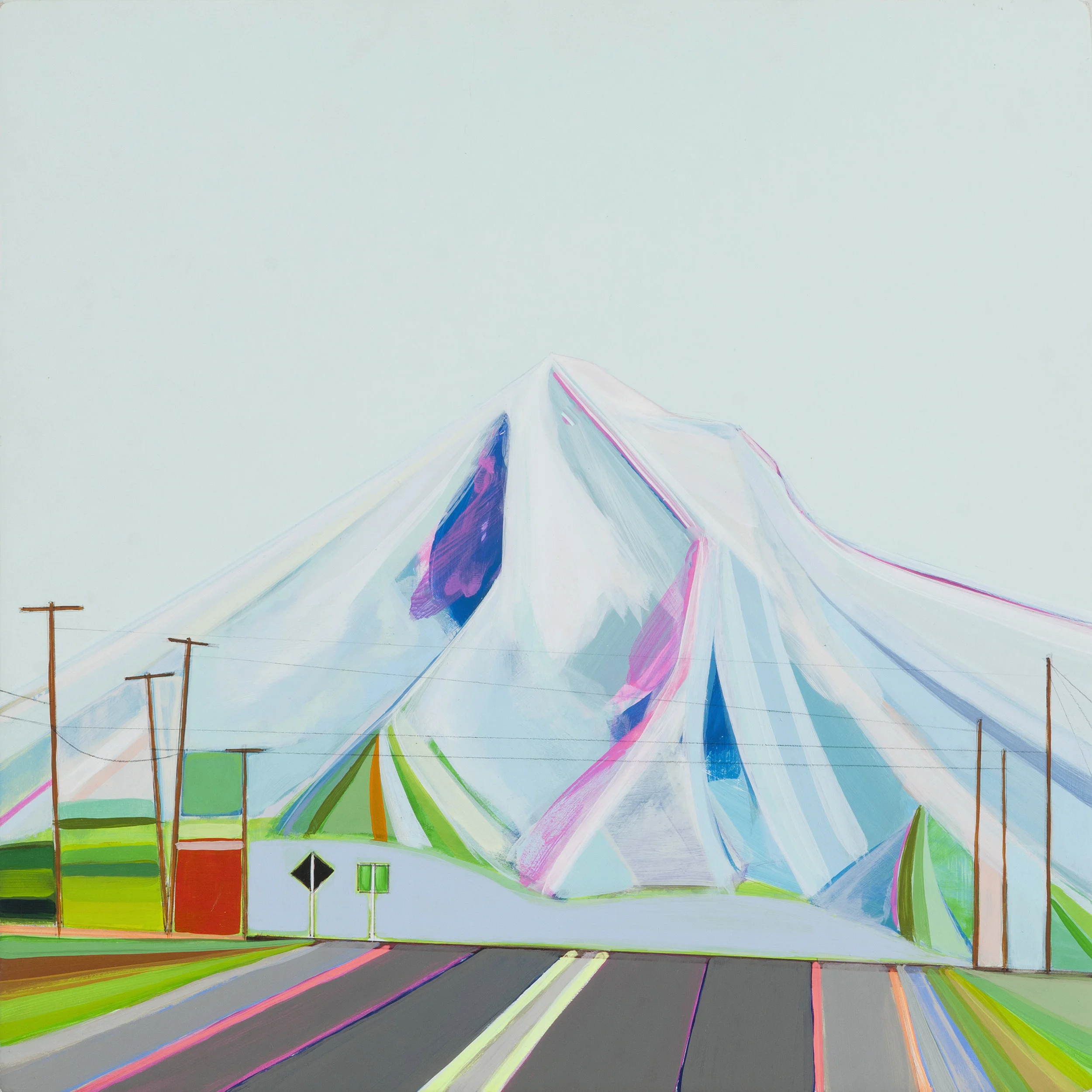 A stylized, colorful illustration of a mountain with snow-covered slopes, seen from a road with power lines and signs in the foreground.