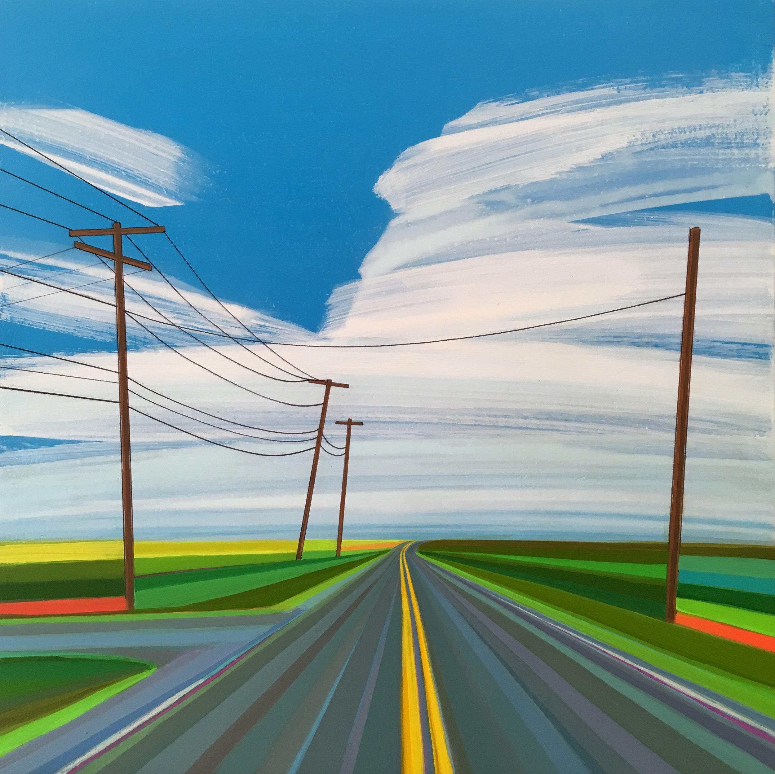A stylized painting of a rural road with yellow lines, bordered by green fields, and power lines on poles stretching into the distance under a partly cloudy blue sky.