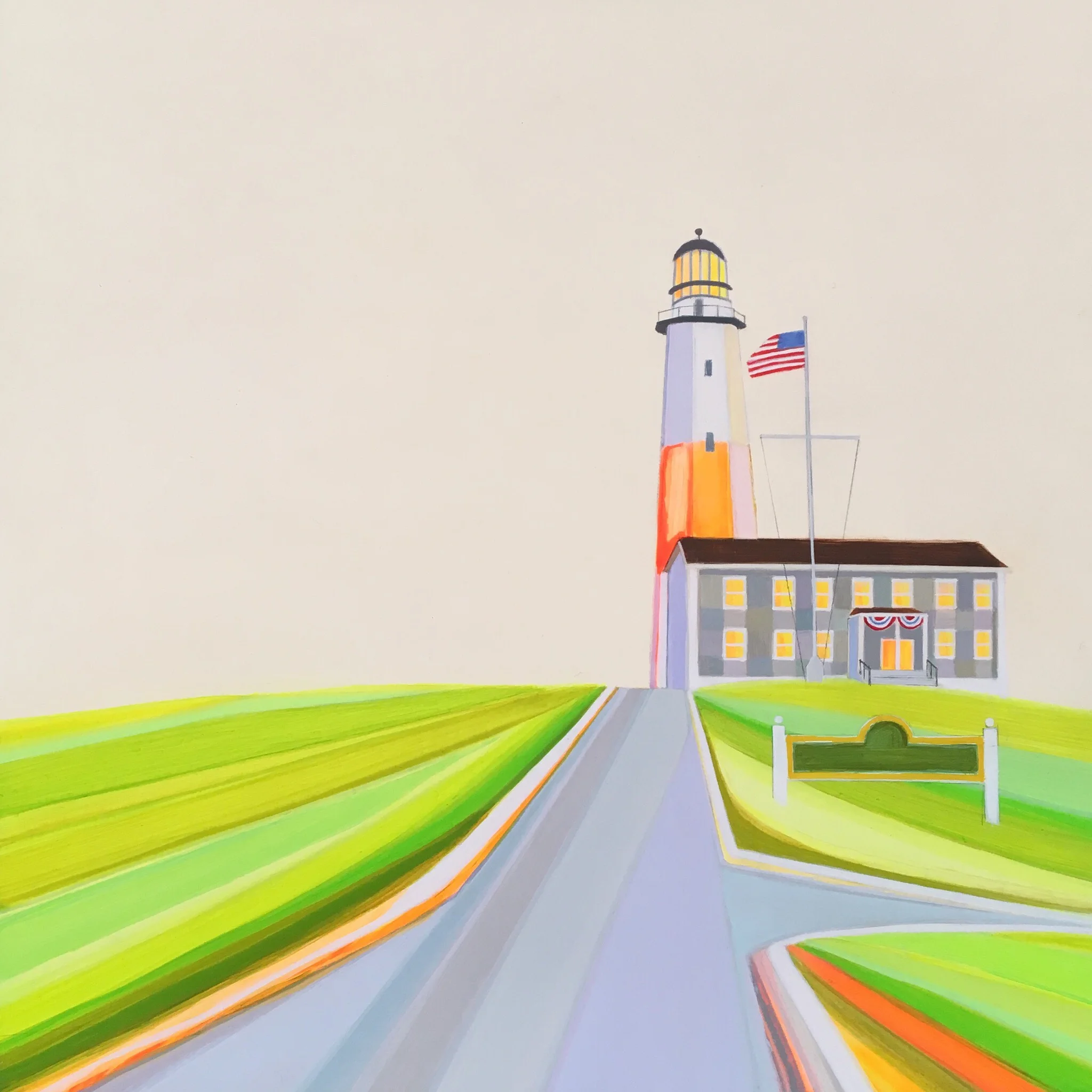 Painting of a lighthouse with an American flag, set on a grassy landscape with a gray pathway leading to the structure, depicted in a colorful and stylized manner.